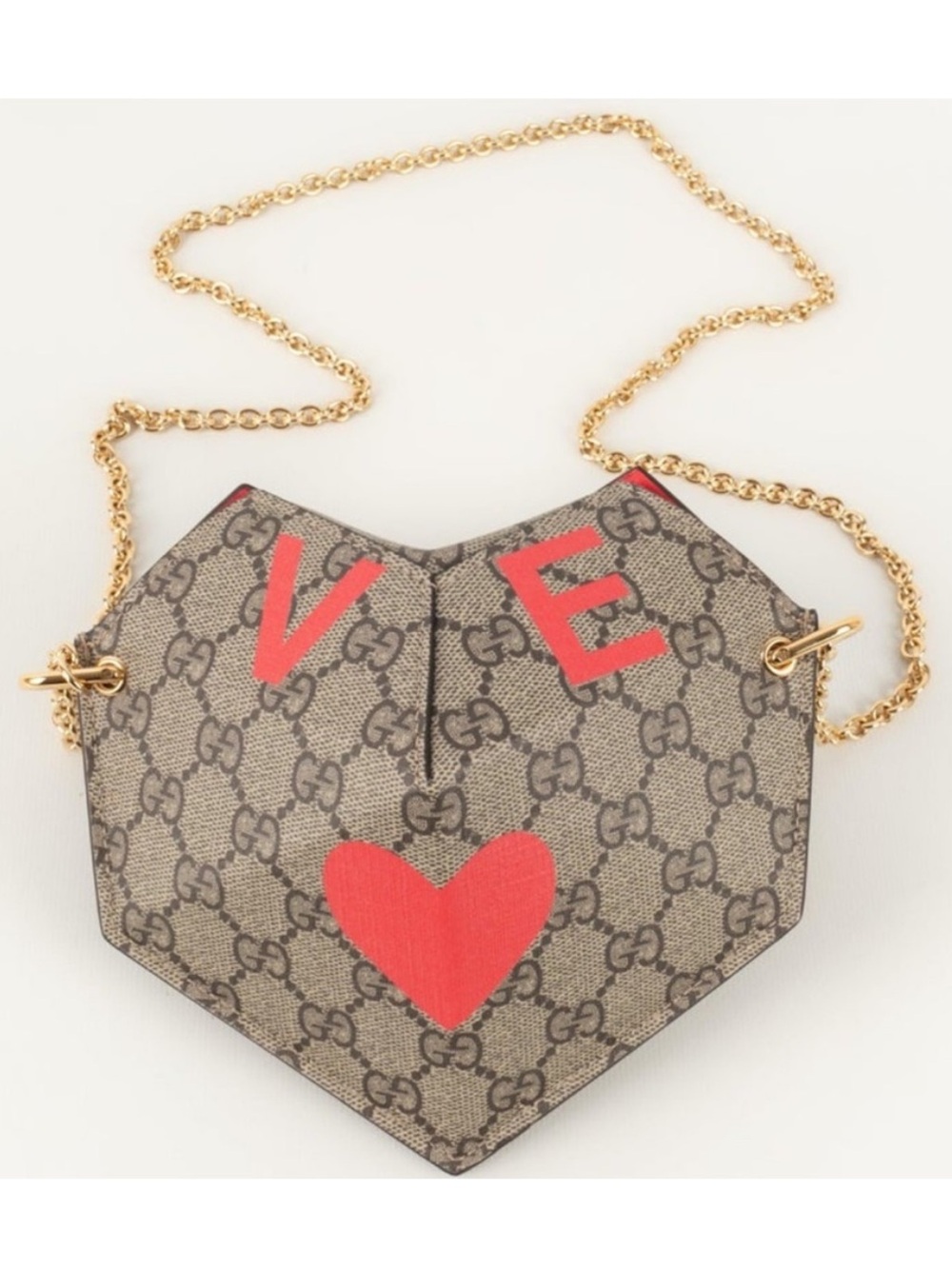 Gucci Beige GG Supreme Heart Crossbody with Red Accents and Gold Chain